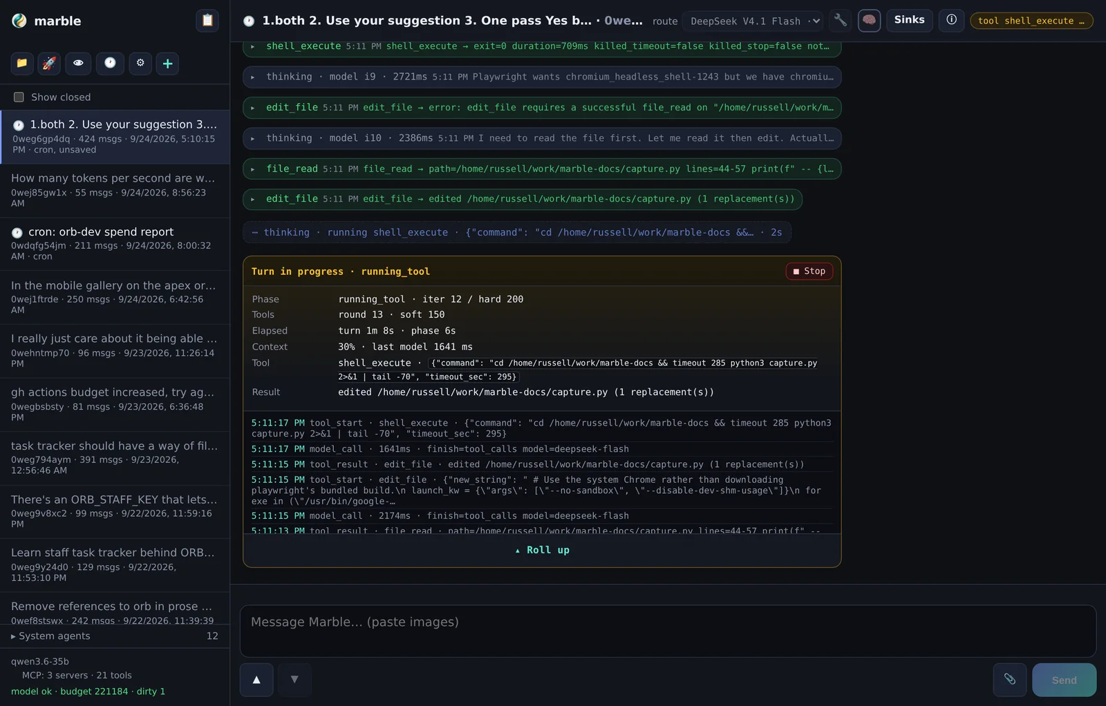 The harness UI. Sidebar with sessions and the action buttons; the main pane is the transcript, the route picker and the composer.