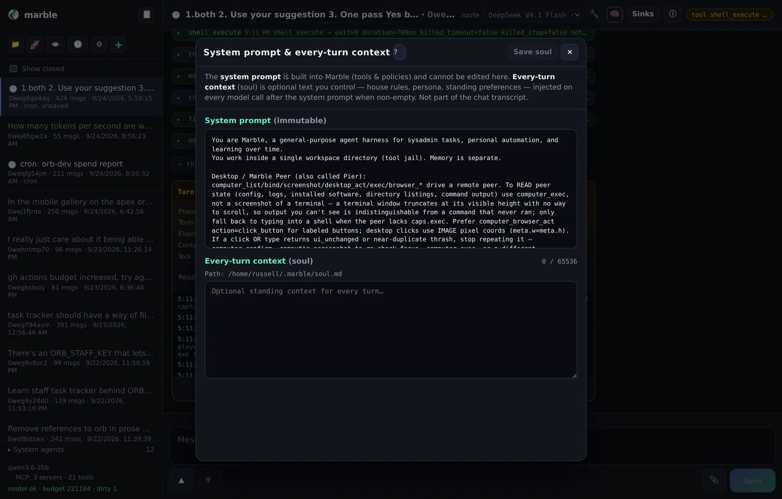 System prompt &amp; every-turn context: the built-in prompt on the left, your editable soul on the right.