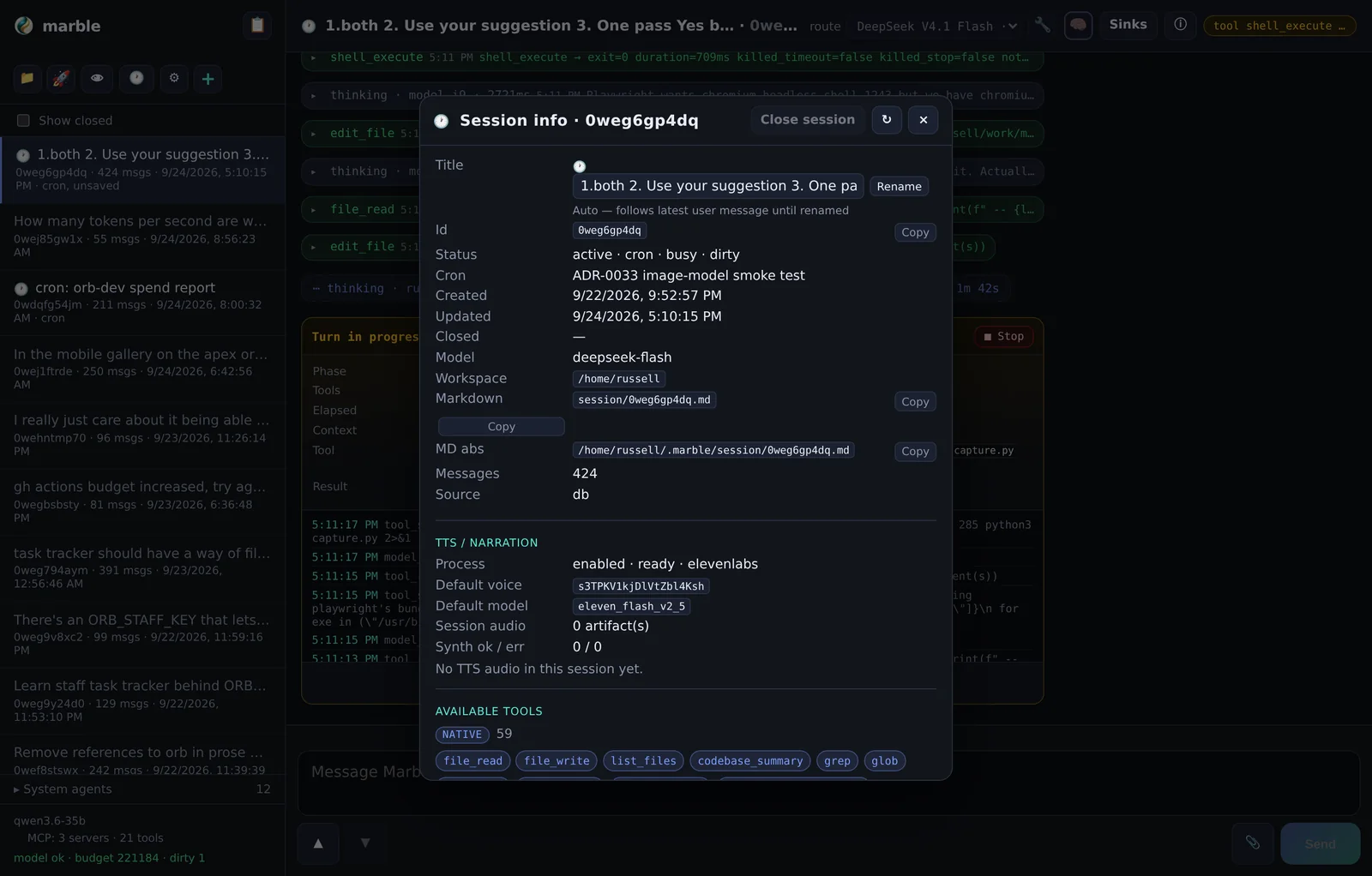 Session info: token usage, tool histogram and recent events for the session.
