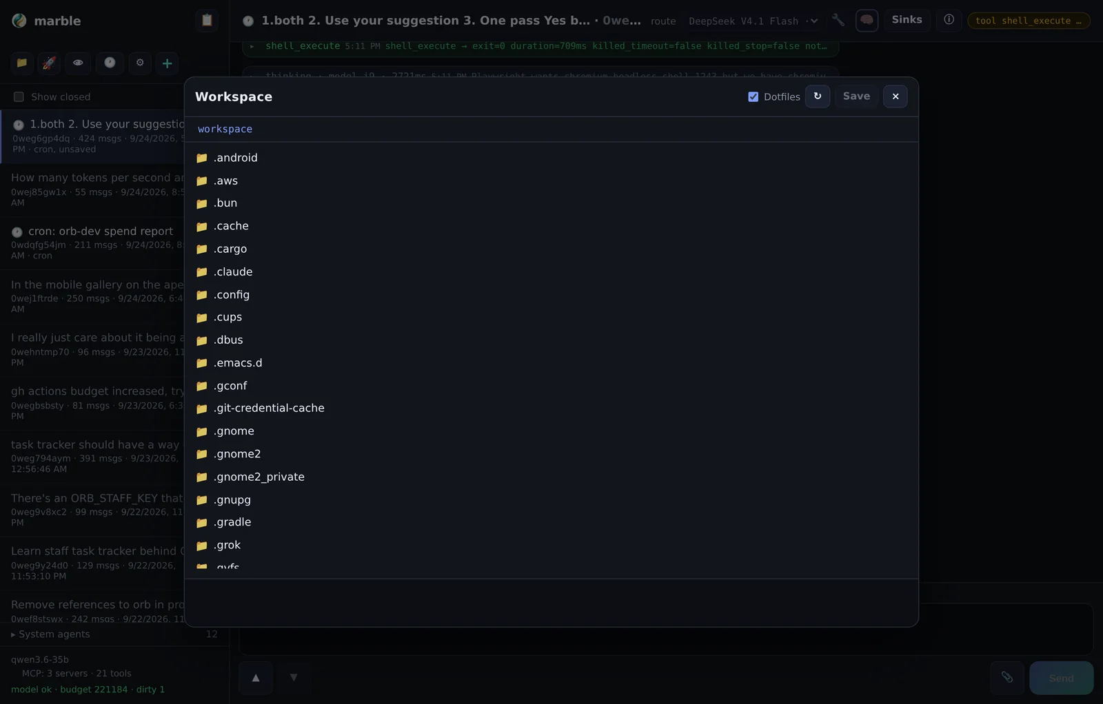 The workspace explorer: file list, breadcrumbs, and an inline editor.