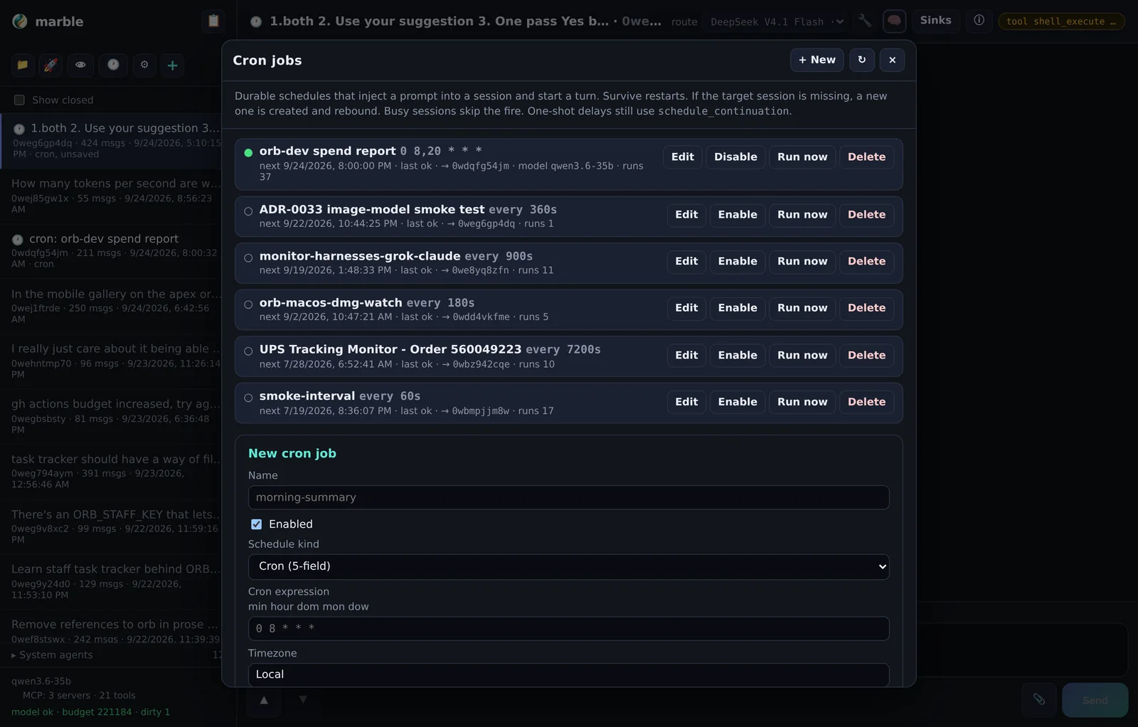 The cron modal: schedule, target session, prompt, optional model pin, and run history with next-fire preview.