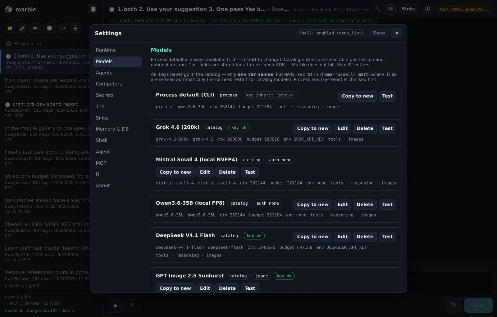 Settings → Models. Catalog entries carry their own base URL, key env name and capabilities.