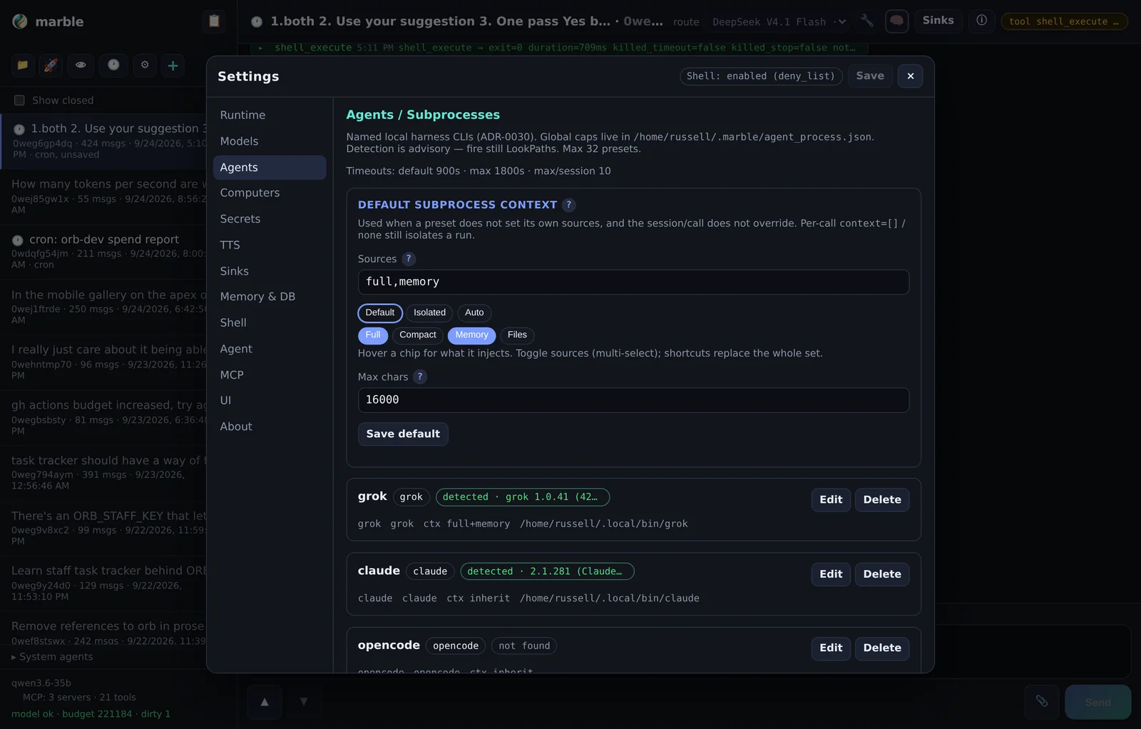 Settings → Agents: the preset catalog, plus the default subprocess context.