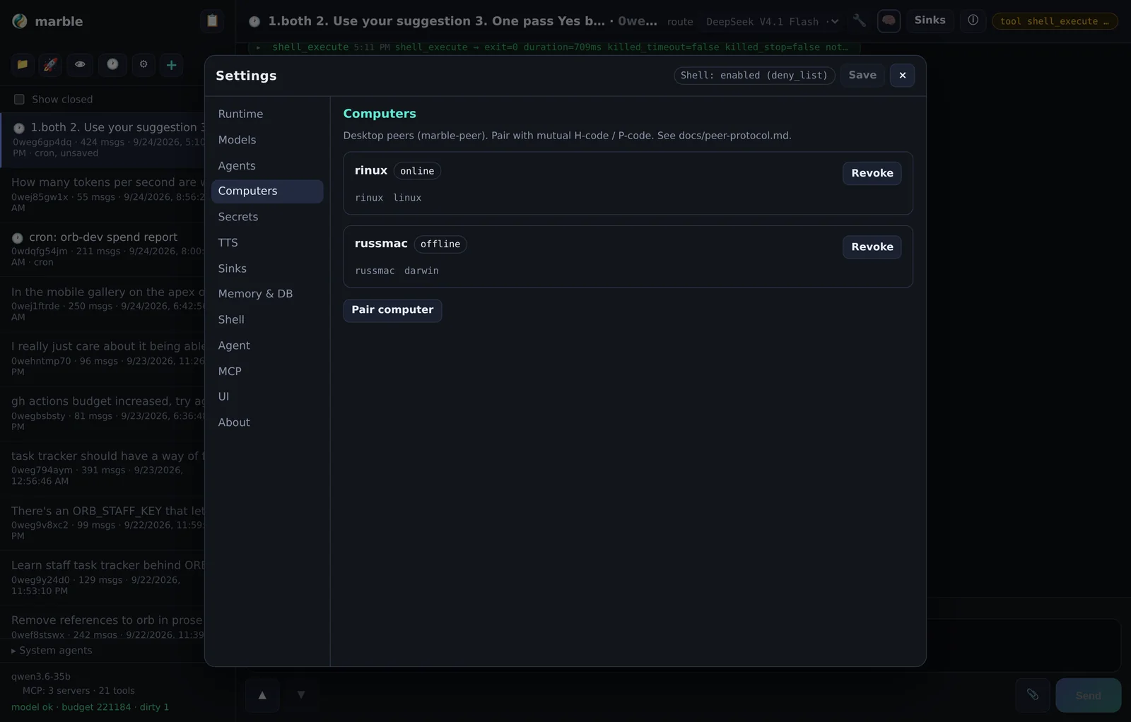 Settings → Computers: pairing and revoking peers.