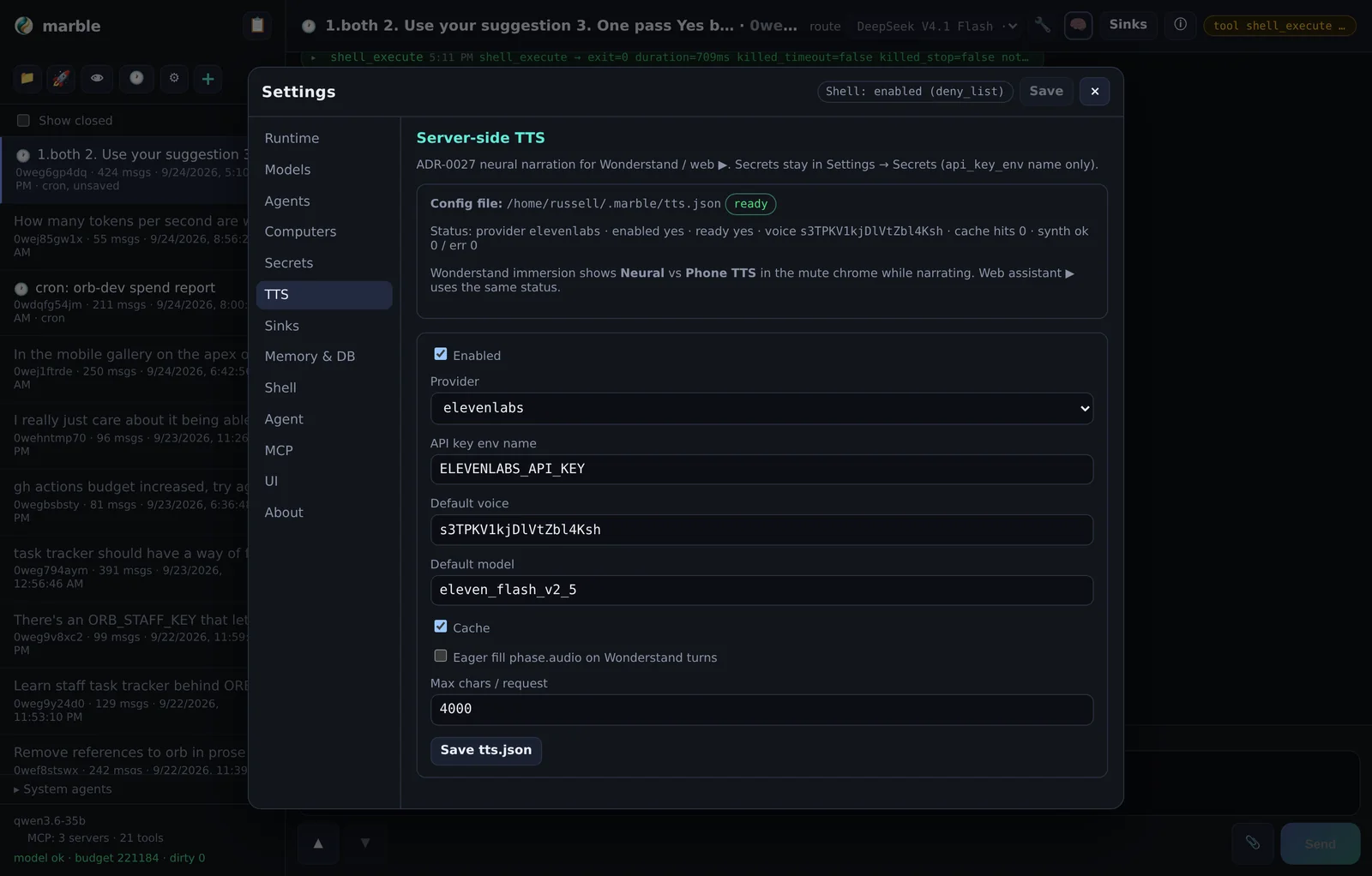 Settings → TTS: provider, voice and cache behaviour.