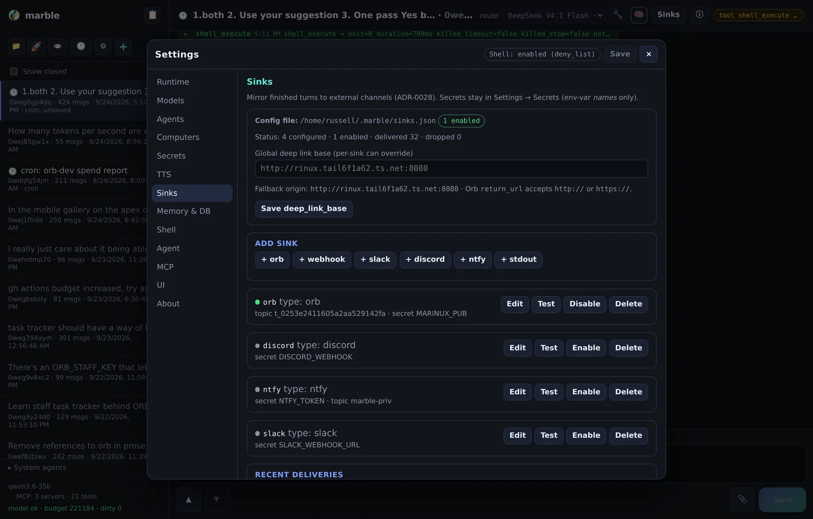 Settings → Sinks: per-sink editors, a live delivery history, and a per-session inherit/on/off popover.