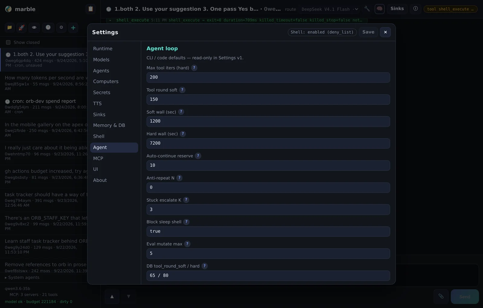 Settings → Agent: subprocess defaults, including what context gets injected.